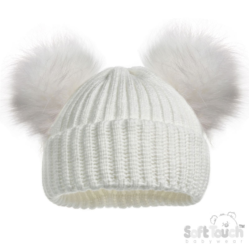 SM Off White Ribbed Hat W/2 Fur Pom Poms No. H506-W