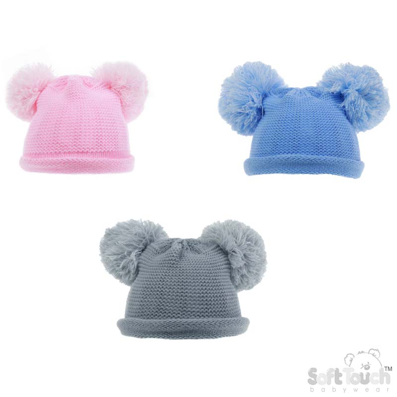 Plain Knitted Hat W/2 Pom Poms No. H510-SM