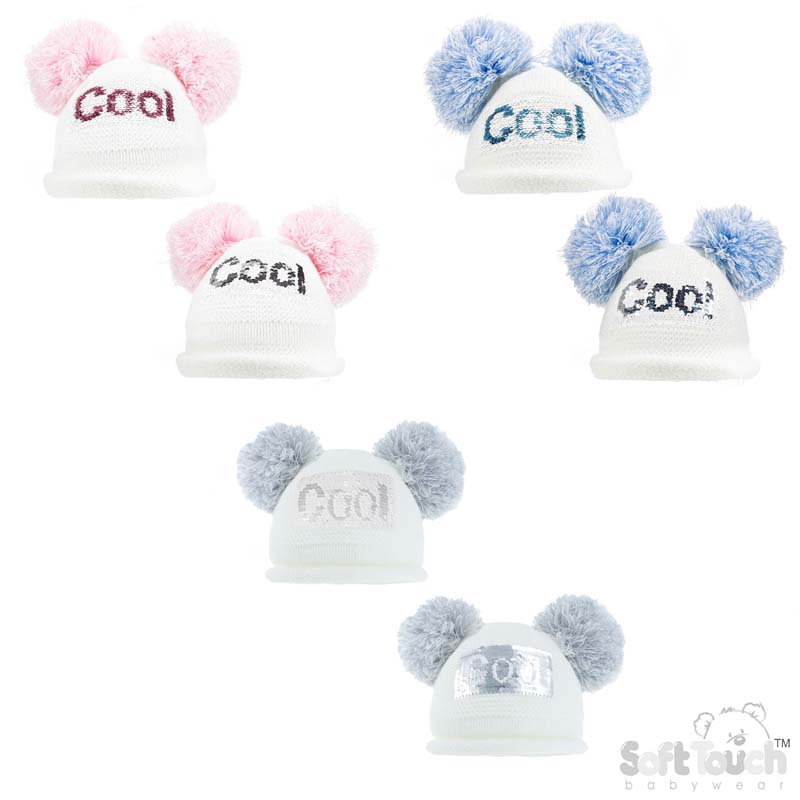 White Knitted Hat W/Sequins & 2 PomPoms No. H512-SM
