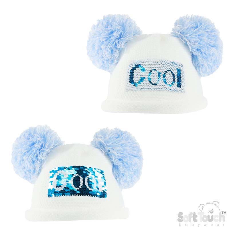 White Knitted Hat W/Sequins & 2 PomPoms No. H512-SM