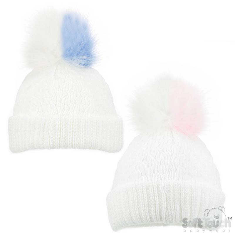 Med White Hat W/Double Colour Pom Pom No. H601-W-M