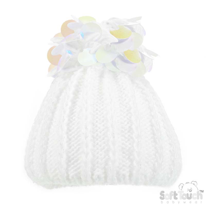 Small White Hat W/Sequin Pom Pom No. H606-W-SM