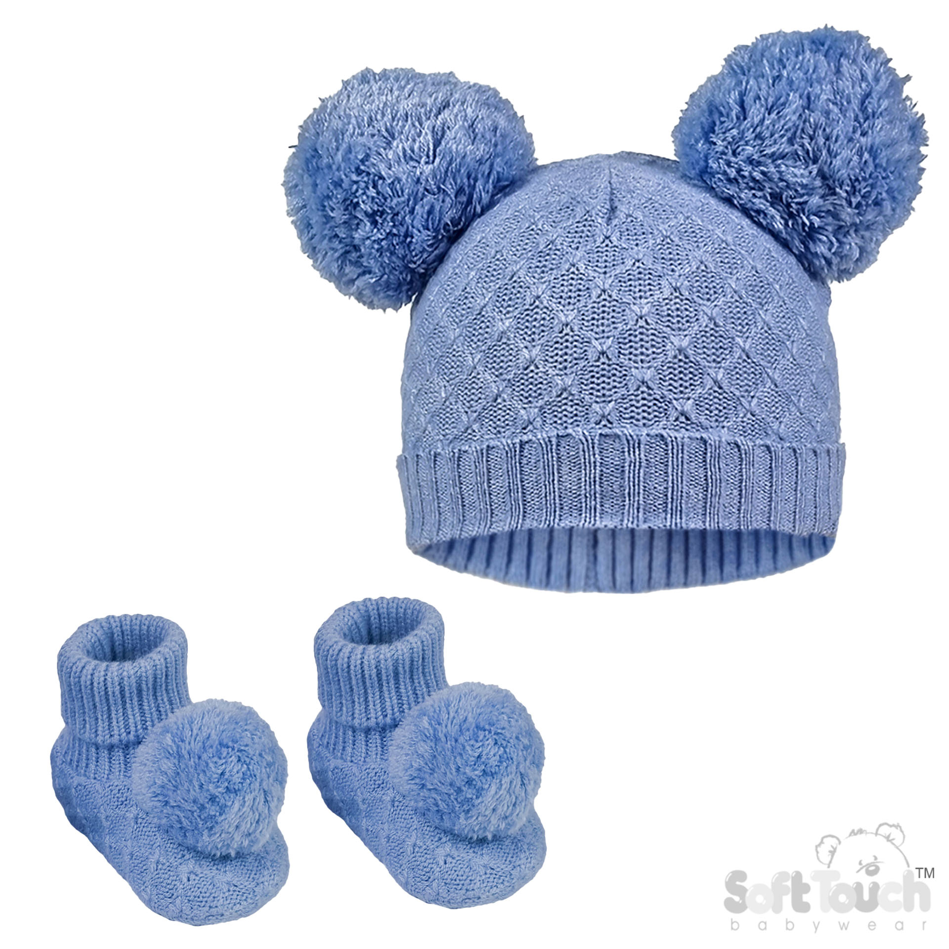 Baby Blue Pom Pom Hat & Bootee Set No. H610-BB-SM