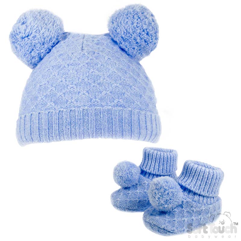 Baby Blue Pom Pom Hat & Bootee Set No. H610-BB-SM