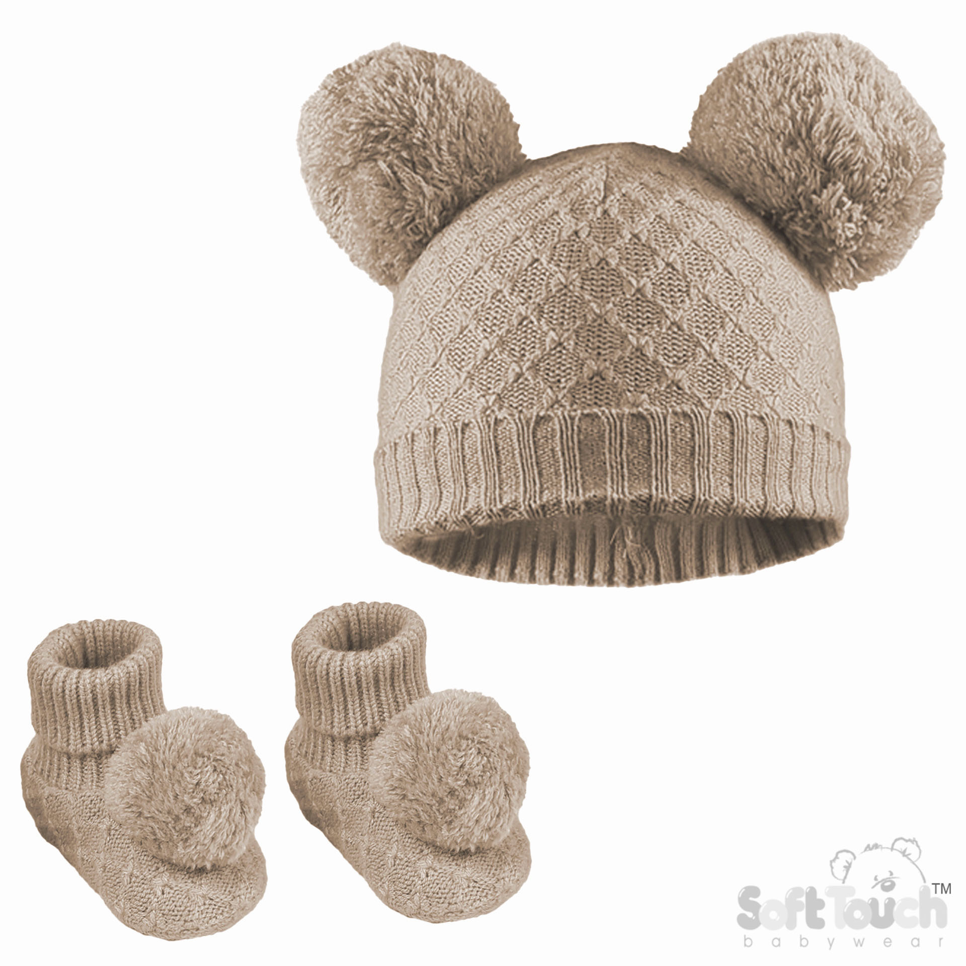 Biscuit Pom Pom Hat & Bootee Set No. H610-BI-SM