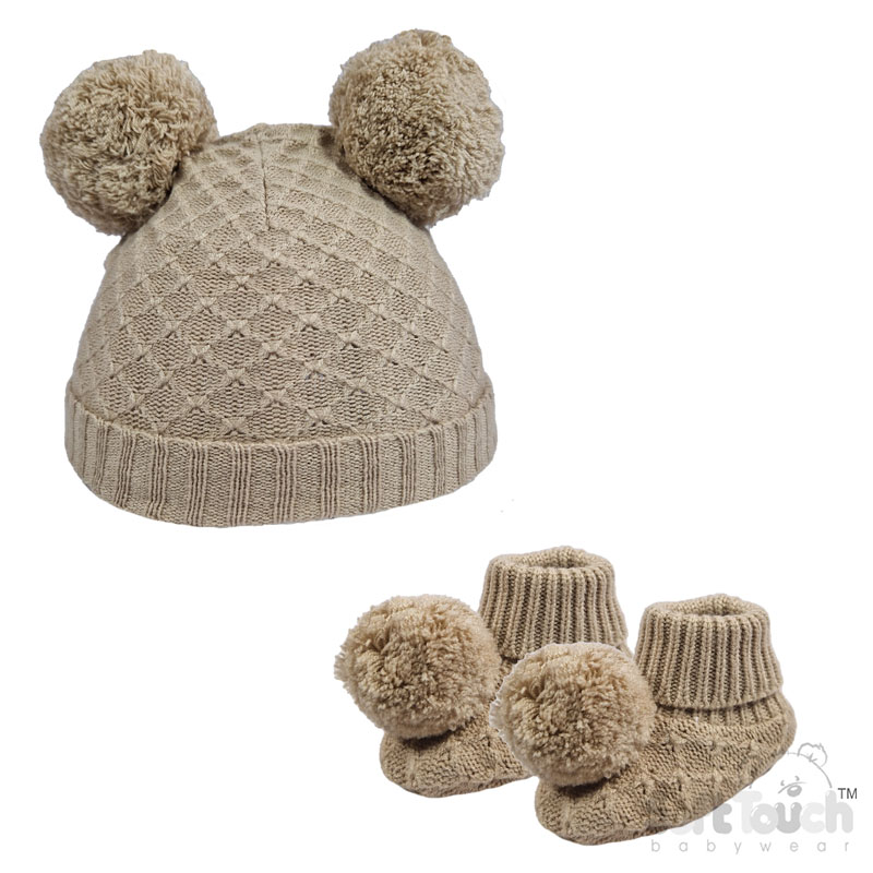 Biscuit Pom Pom Hat & Bootee Set No. H610-BI-SM