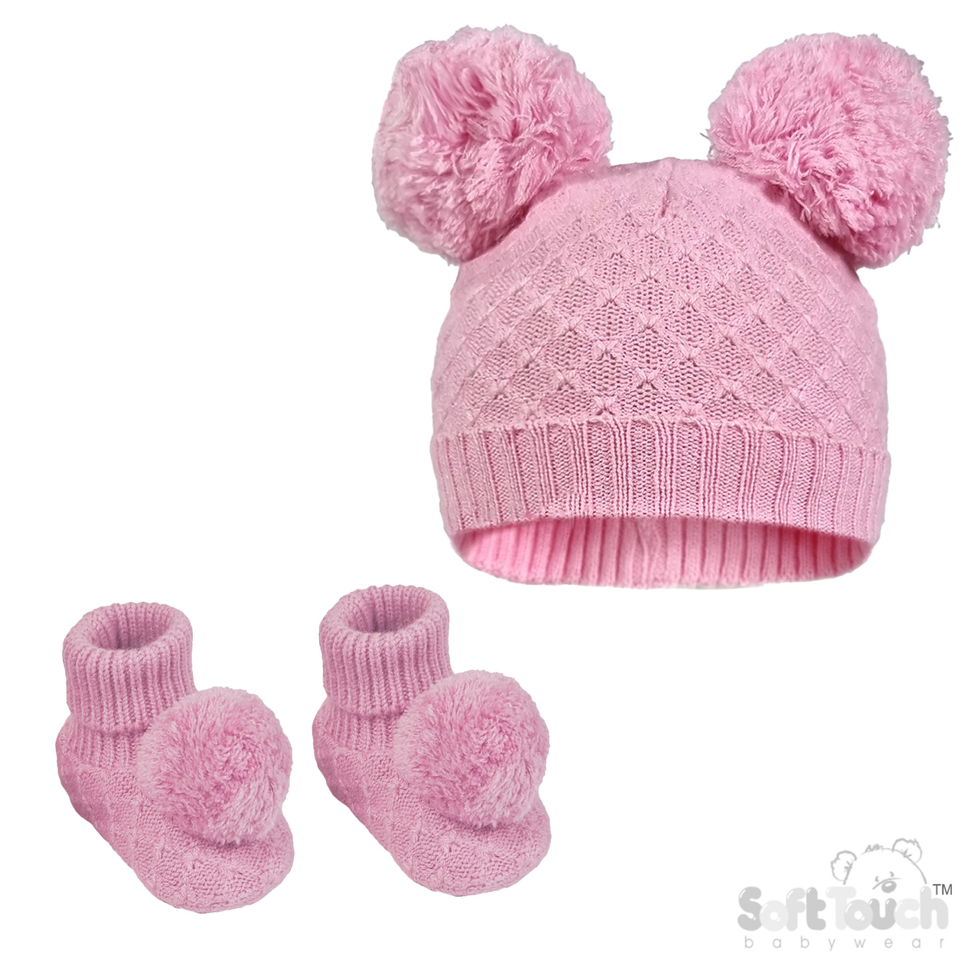 Baby Pink Pom Pom Hat & Bootee Set No. H610-BP-SM