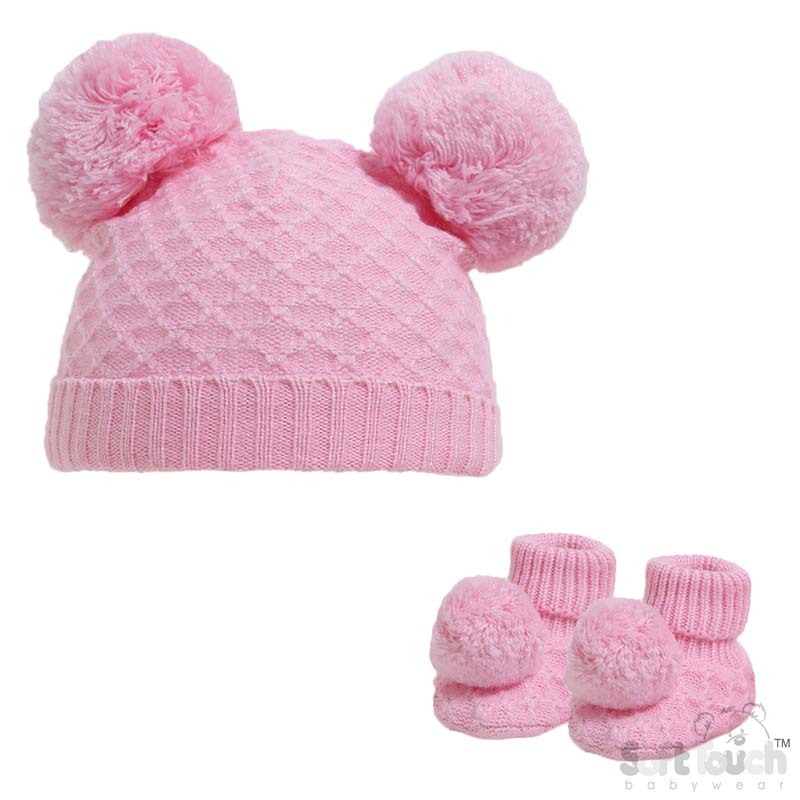 Baby Pink Pom Pom Hat & Bootee Set No. H610-BP-SM
