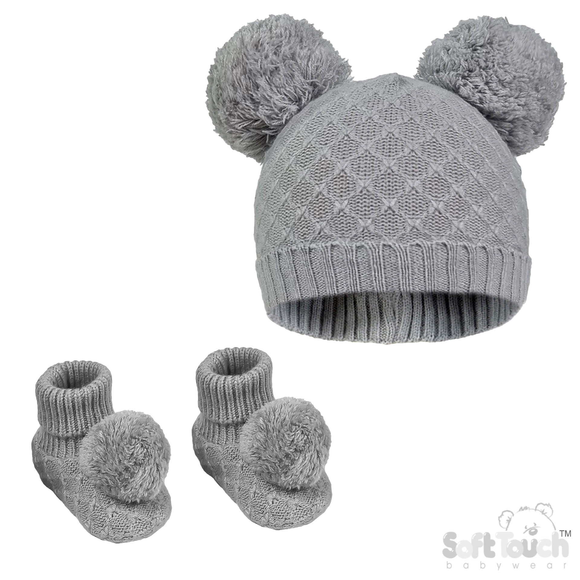 Grey Pom Pom Hat & Bootee Set No. H610-G-SM