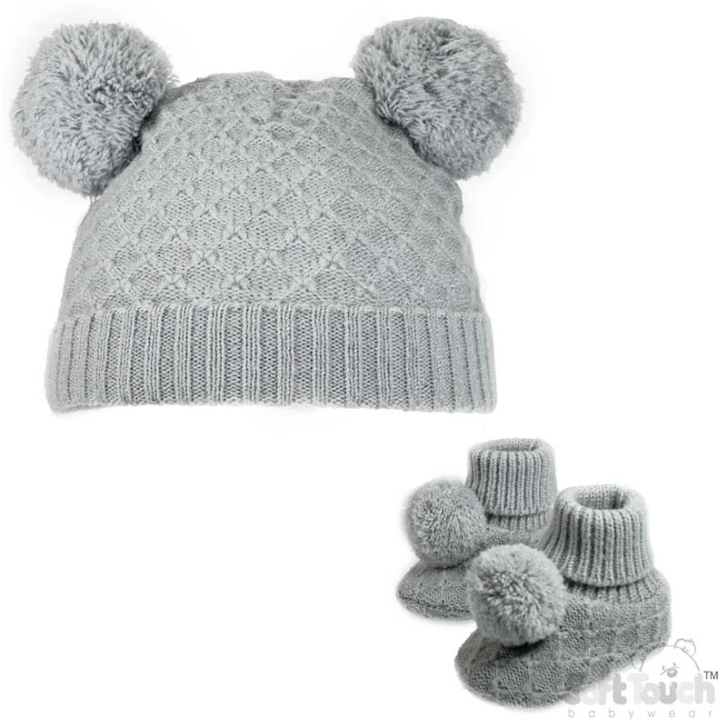 Grey Pom Pom Hat & Bootee Set No. H610-G-SM