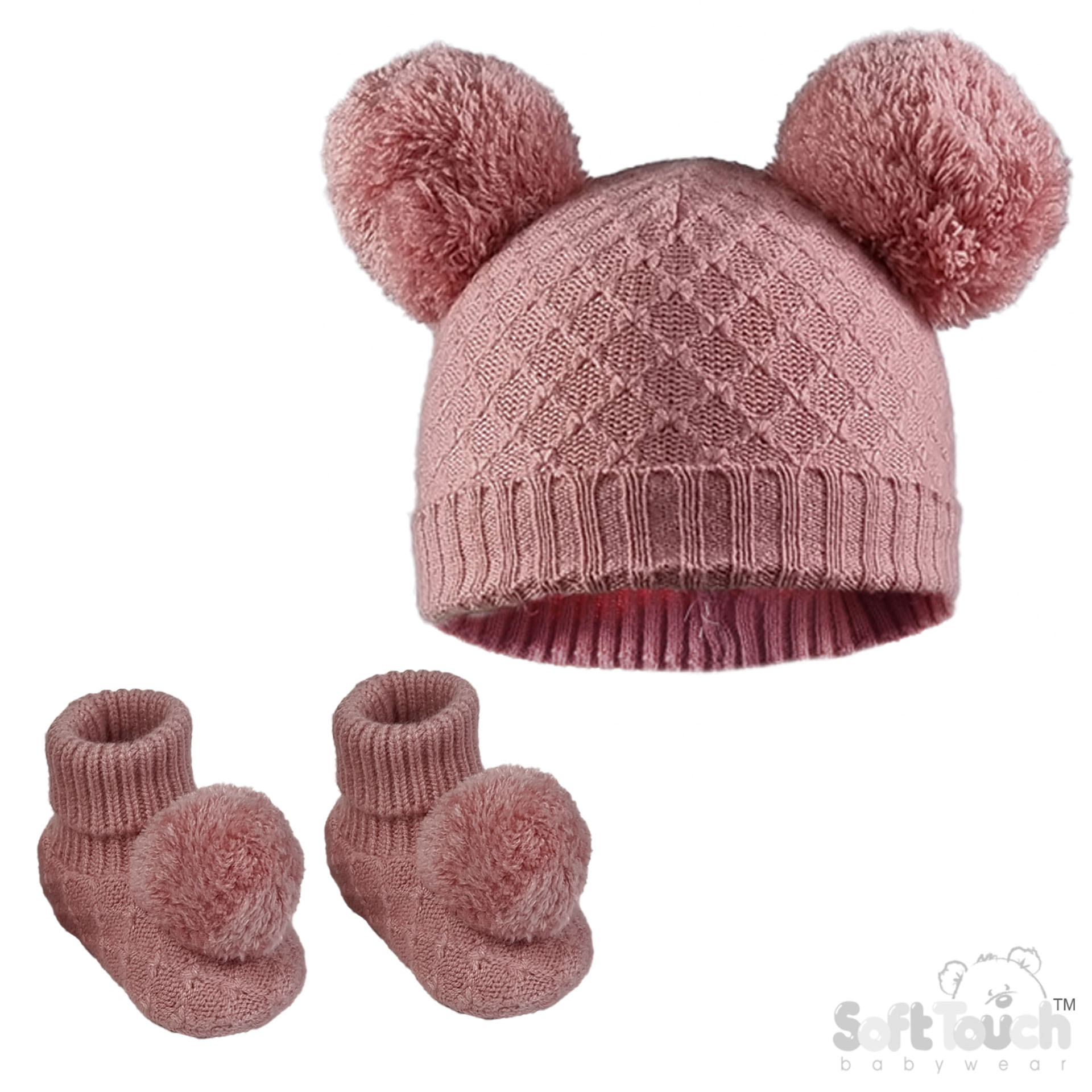 Rose Gold Pom Pom Hat & Bootee Set : H610-RO-SM