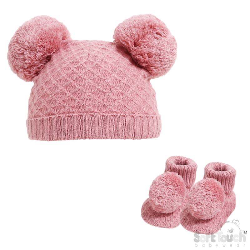 Rose Gold Pom Pom Hat & Bootee Set : H610-RO-SM