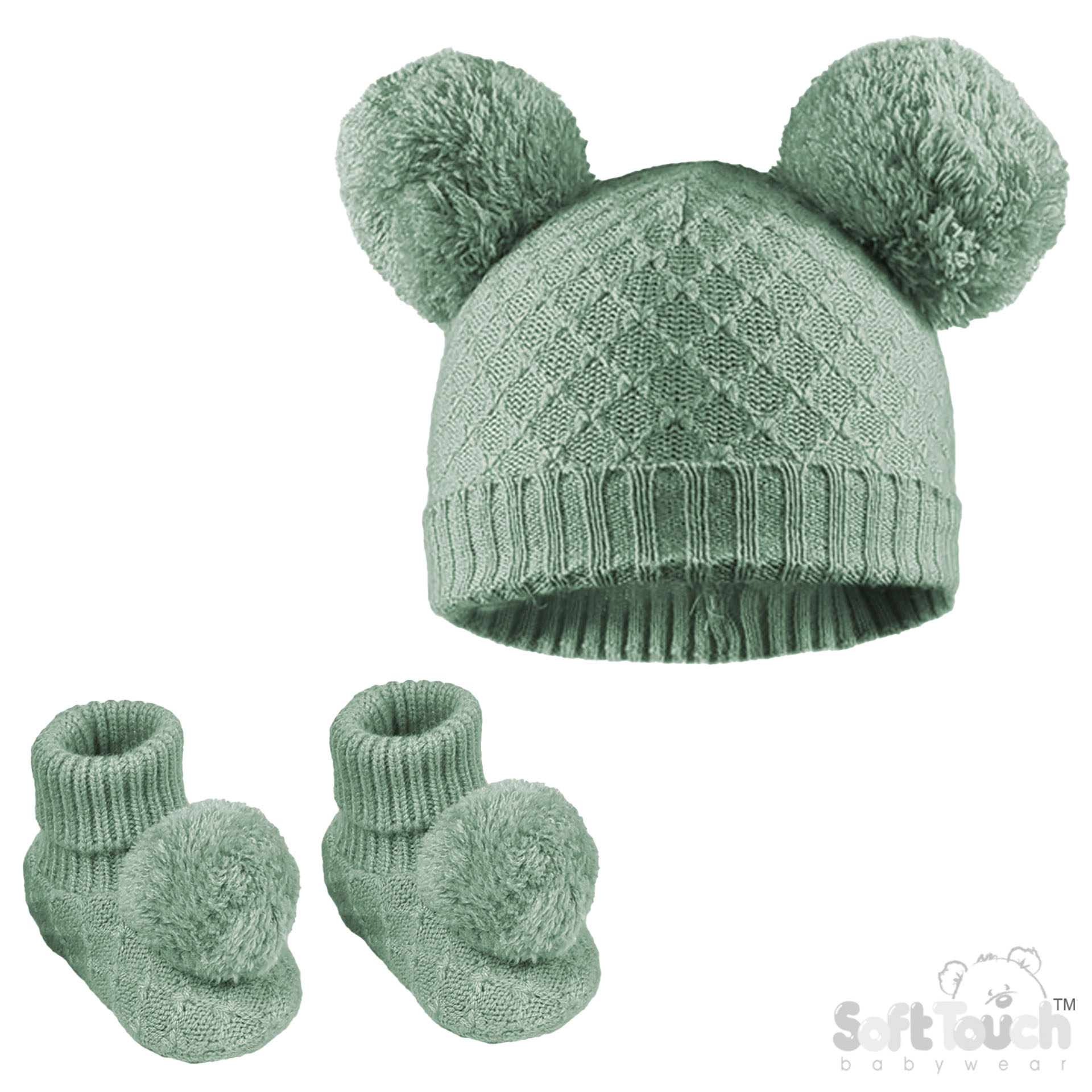 Sage Green Pom Pom Hat & Bootee Set No. H610-SG-SM