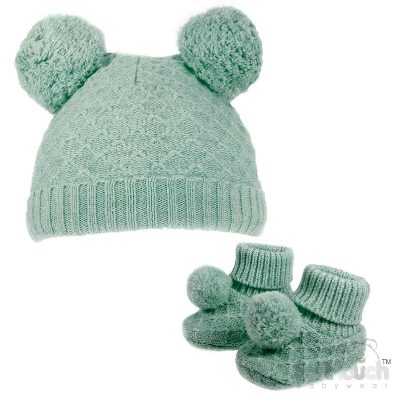 Sage Green Pom Pom Hat & Bootee Set No. H610-SG-SM