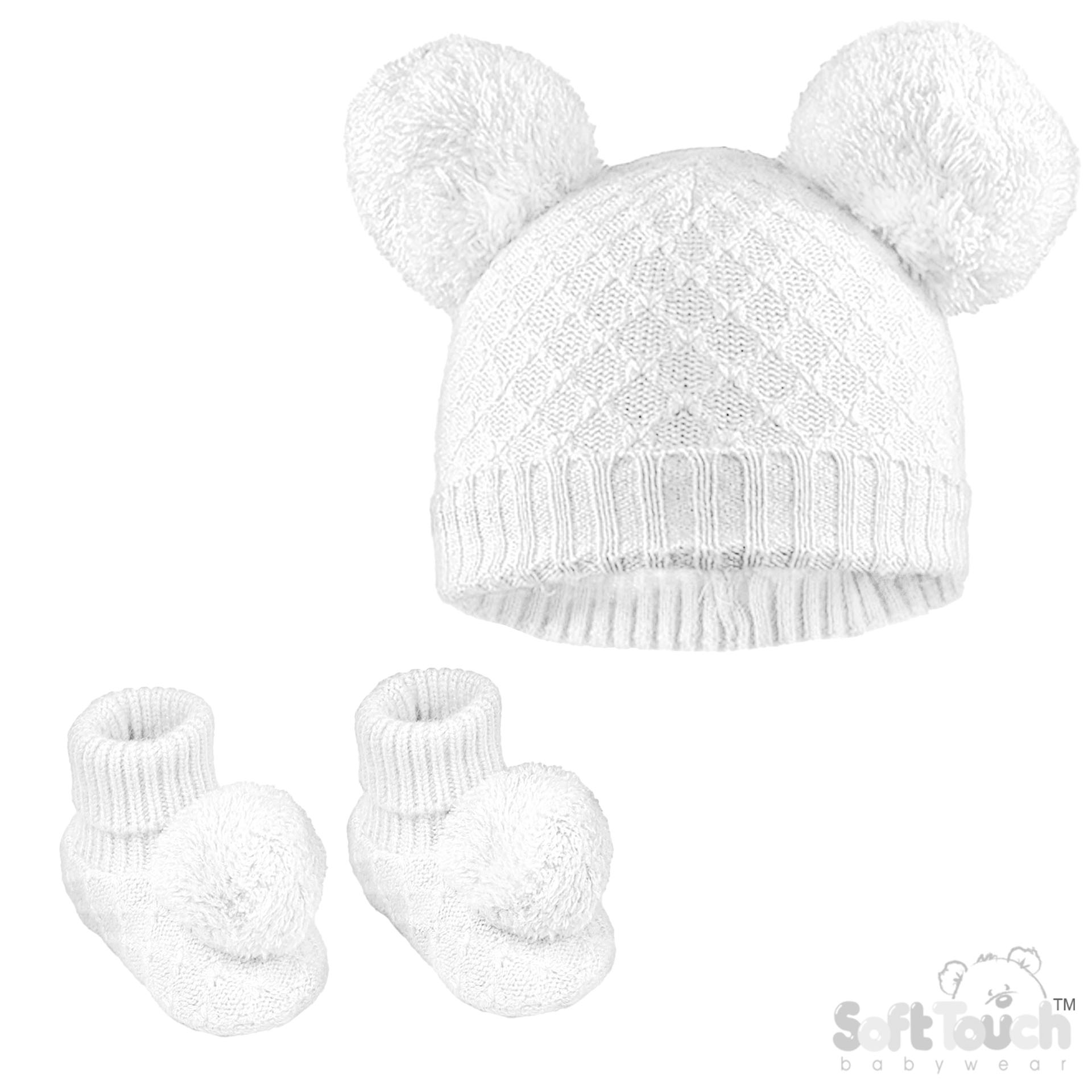White Pom Pom Hat & Bootee Set No. H610-W-SM