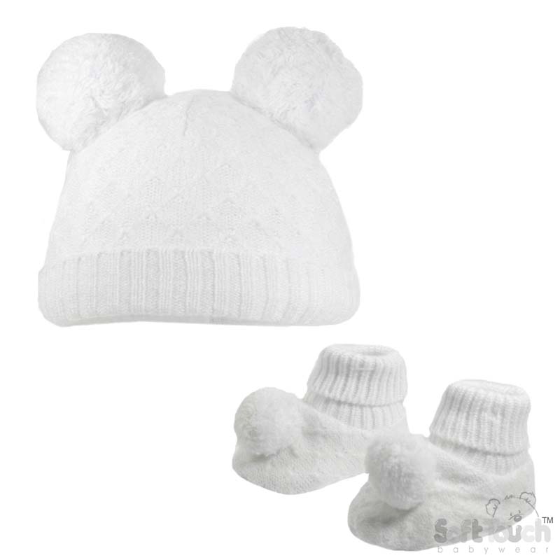 White Pom Pom Hat & Bootee Set No. H610-W-SM
