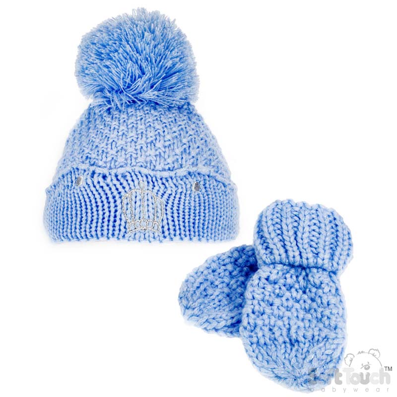 Blue Pom Pom Hat & Mitten Set No.H614-B-SM