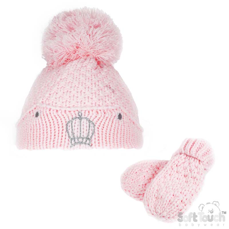 Pink Pom Pom Hat & Mitten Set No. H614-P-SM