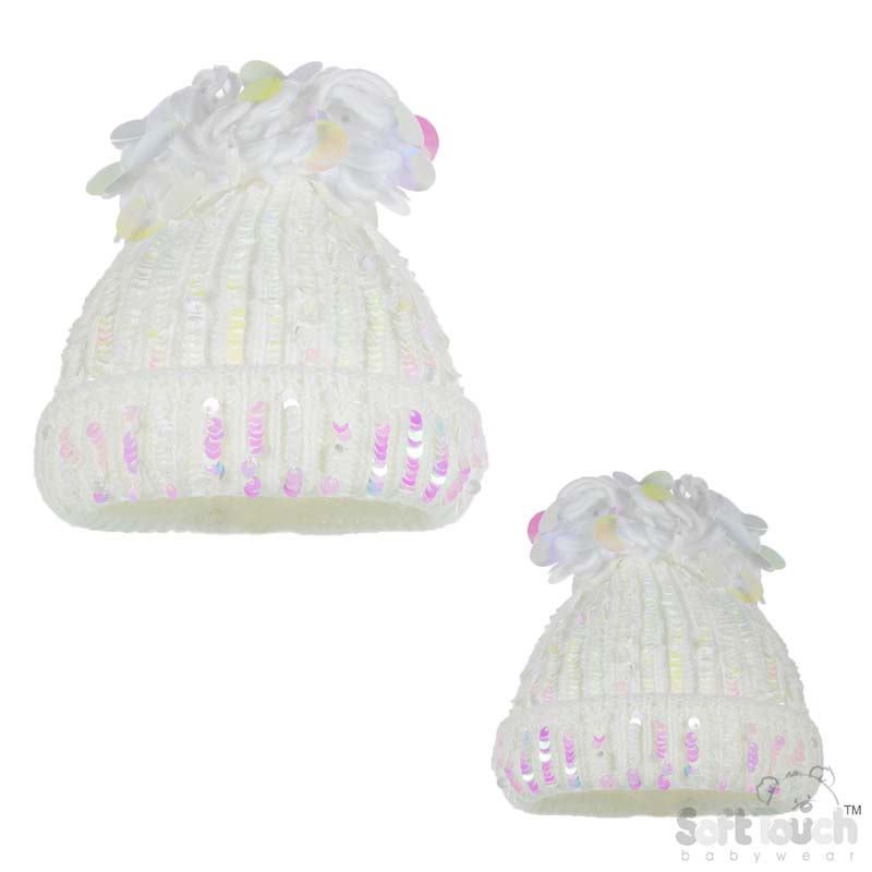 Cream Mummy/Baby Hat W/Sequin Pom Pom No. H616-C