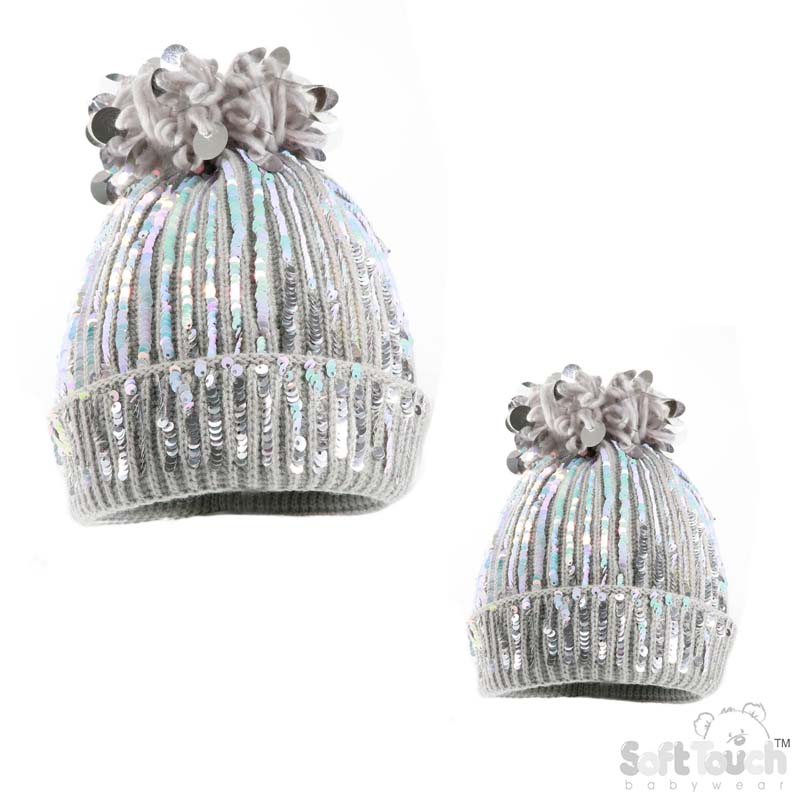 Grey Mummy/Baby Hat W/Sequin Pom Pom No. H616-G