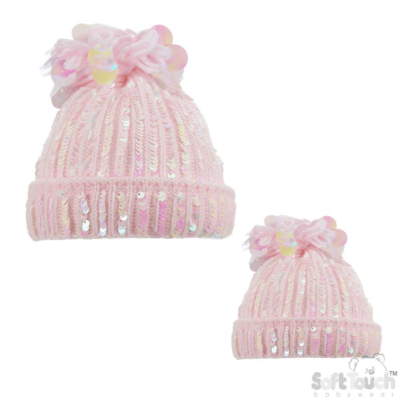 Pink Mummy/Baby Hat W/Sequin Pom Pom  No. H616-P