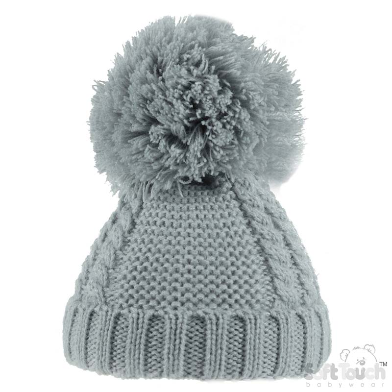 Grey Pearl & Cable Knit Pom Pom Hat No. H622-G-SM
