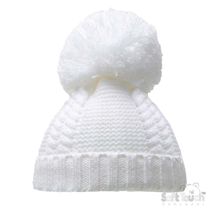 White Pearl & Cable Knit Pom Pom Hat No. H622-W-SM