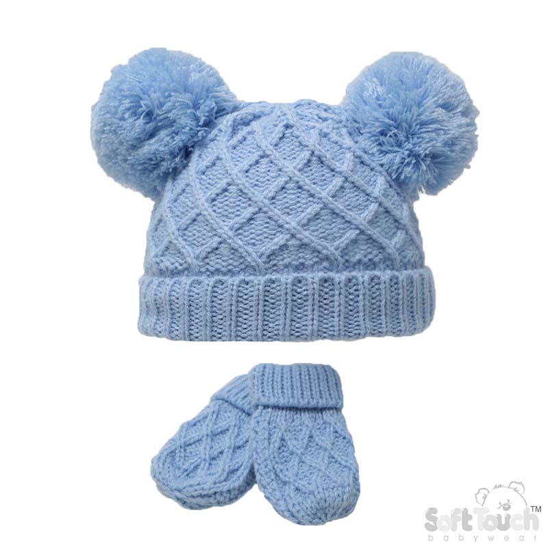 Blue Diamond Knit Hat & Mitten Set No. H624-B-SM