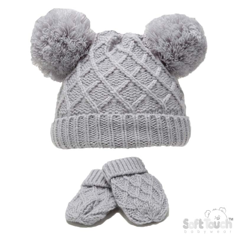 Grey Diamond Knit Hat & Mitten Set No. H624-G-SM