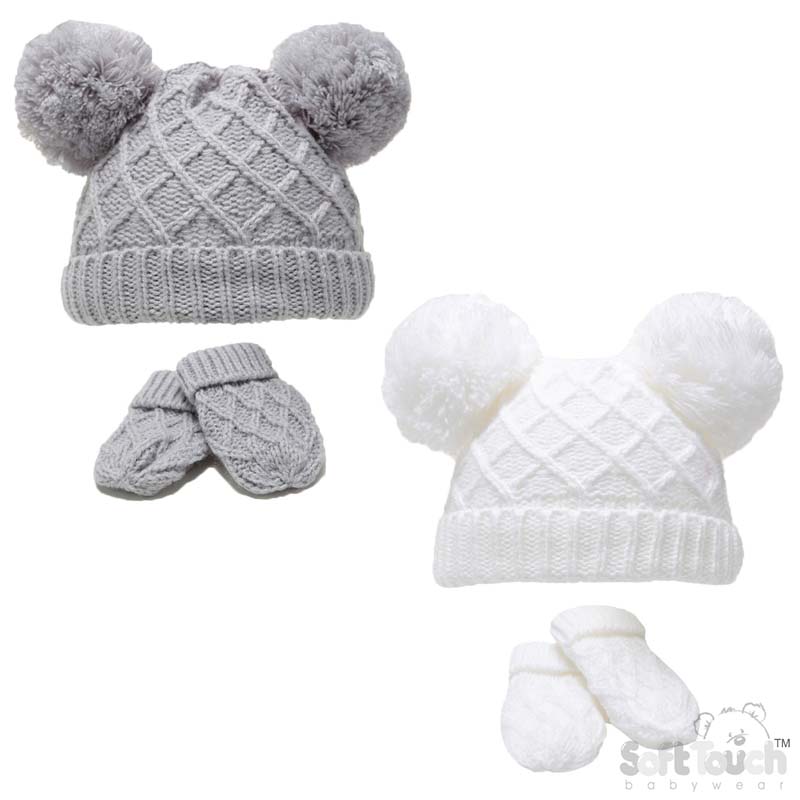Diamond Knit Pom Pom Hat &Mitten Set No. H624-GW-SM