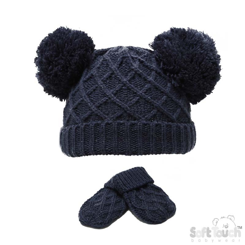 Navy Diamond Knit Hat & Mitten Set No.H624-N-SM