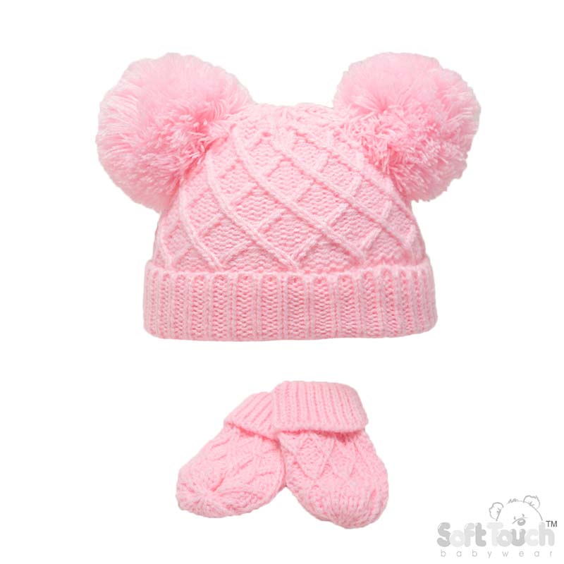 Pink Diamond Knit Hat & Mitten Set No.H624-P-SM