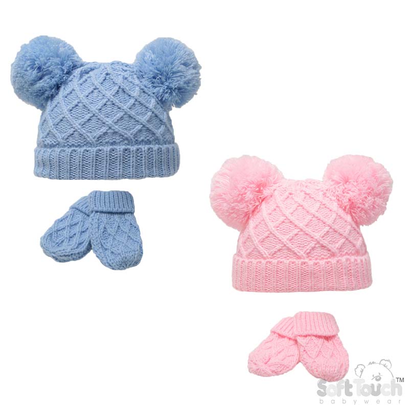 Diamond Knit Pom Pom Hat &Mitten Set No. H624-PB-SM