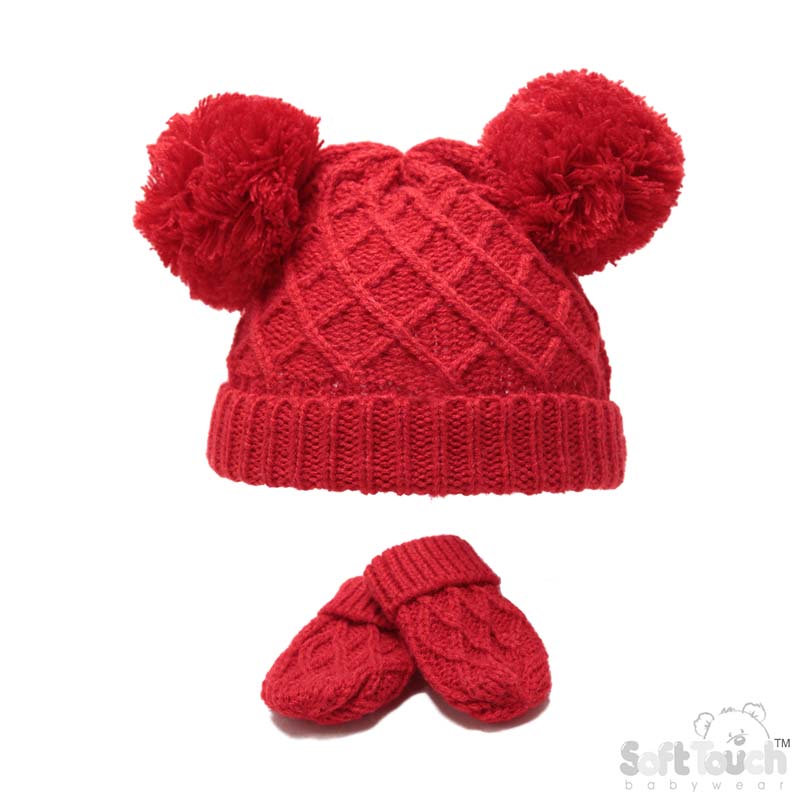Red Diamond Knit Hat & Mitten Set No.H624-R-SM