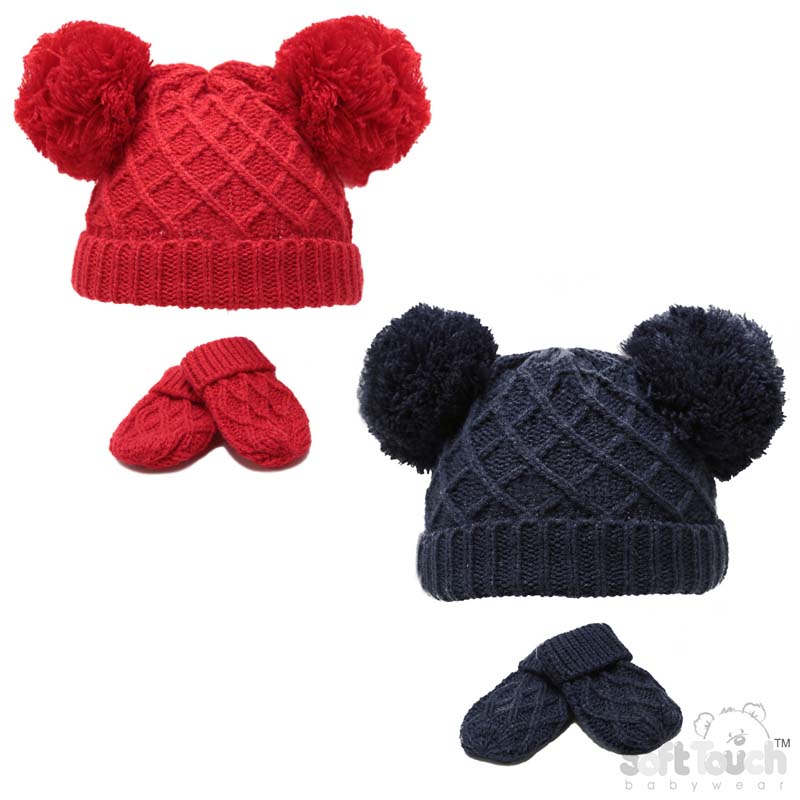 Diamond Knit Pom Pom Hat & Mitten Set No. H624-RN-SM