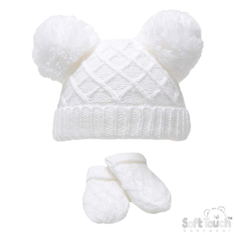 White Diamond Knit Hat & Mitten Set No.H624-W-SM