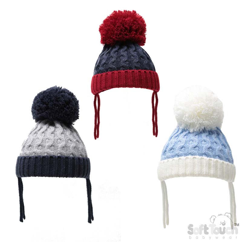 Ribbed &Cable Knit PomPom Hat W Strings No. H626-SM