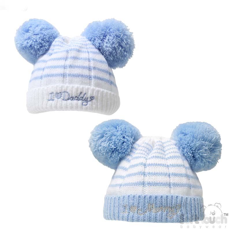 Striped Blue Hat W/I Love Mummy/Daddy No.H628-B-SM