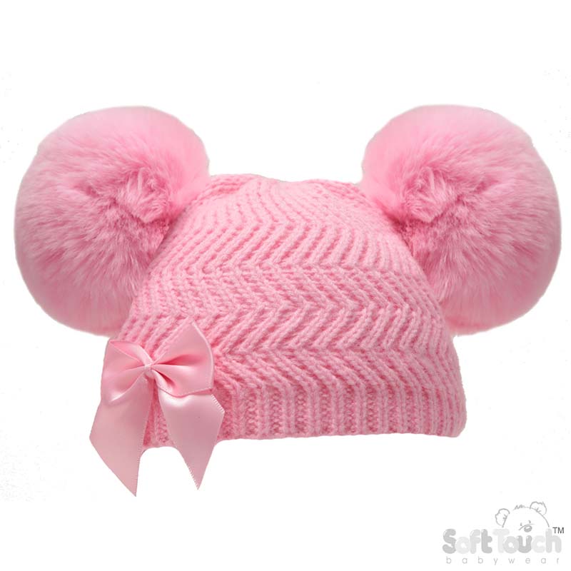 Pink Zig Zag Hat W/Pom Poms & Bow H634-P-SM