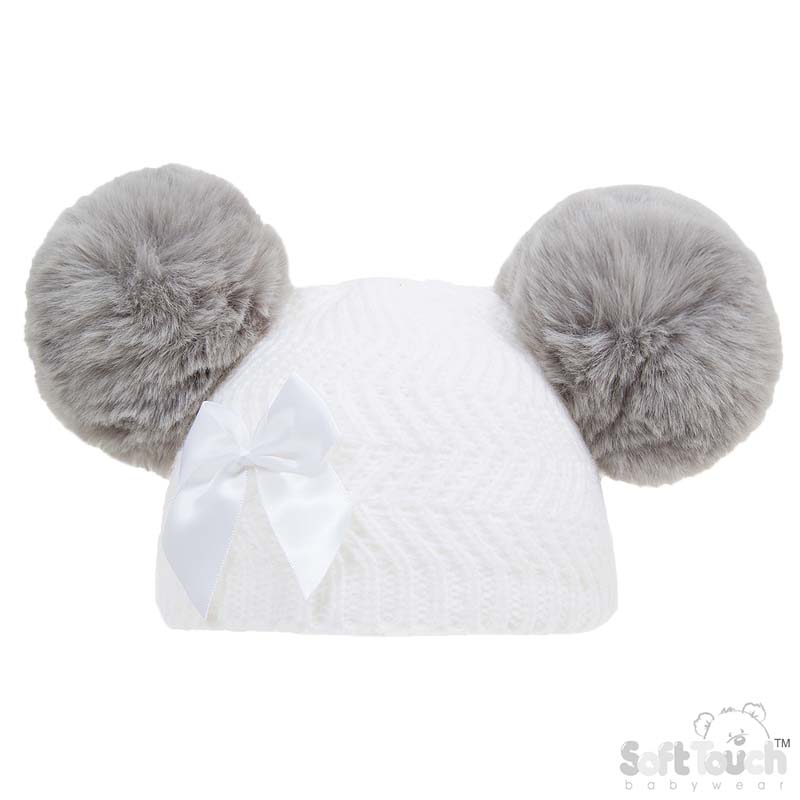 White Zig Zag Hat W/Pom Poms & Bow H634-W-SM NB-6m