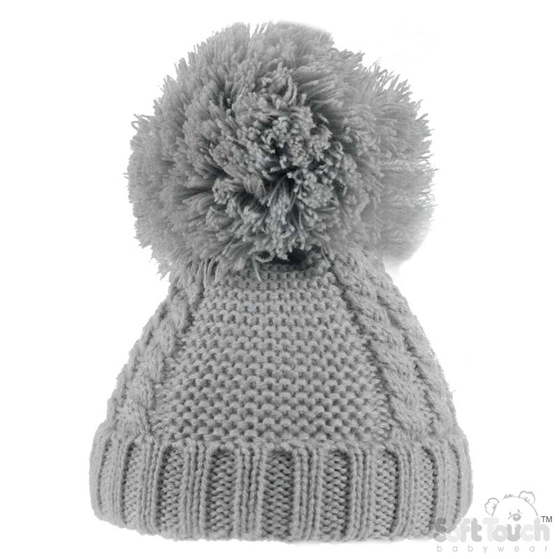 Grey Pearl & Cable Knit Pom Pom Hat No.H636-G-MED