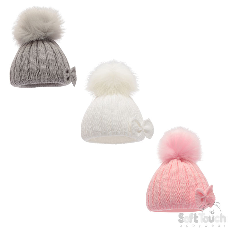Pink, Grey, White Cable Hat w/Faux Fur Pom Pom & Bow : H640-SM