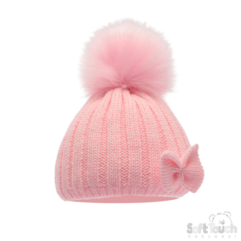 Pink, Grey, White Cable Hat w/Faux Fur Pom Pom & Bow : H640-SM
