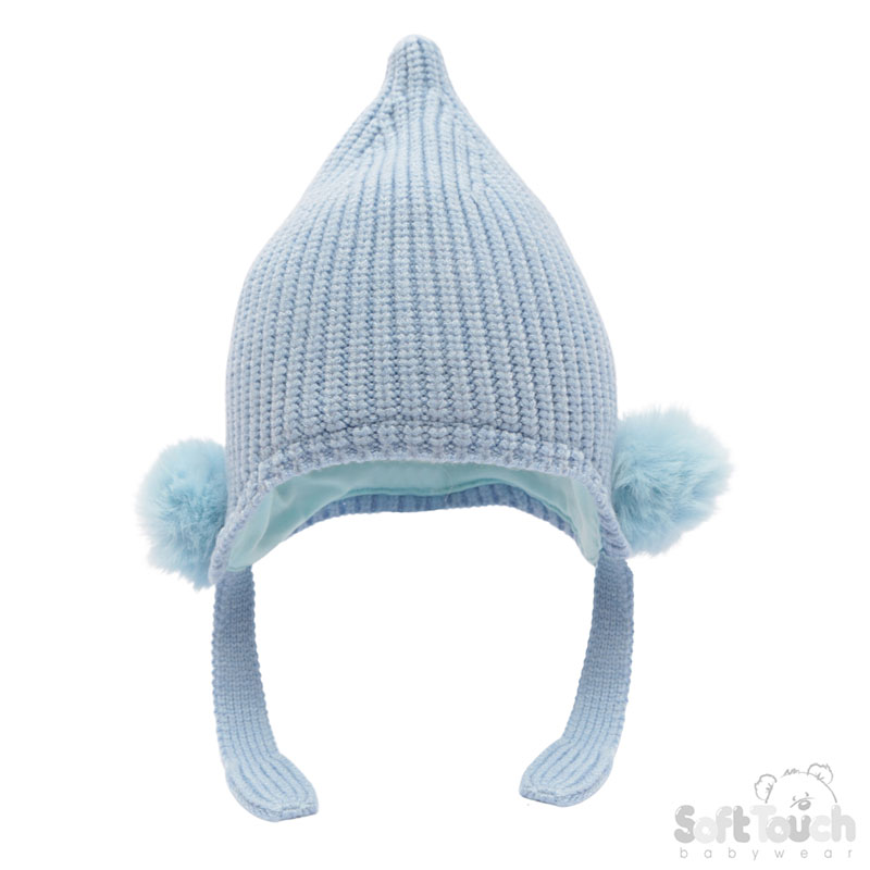 Blue Chenille Knit Hat w/Faux Fur Pom Poms : H642-B-SM
