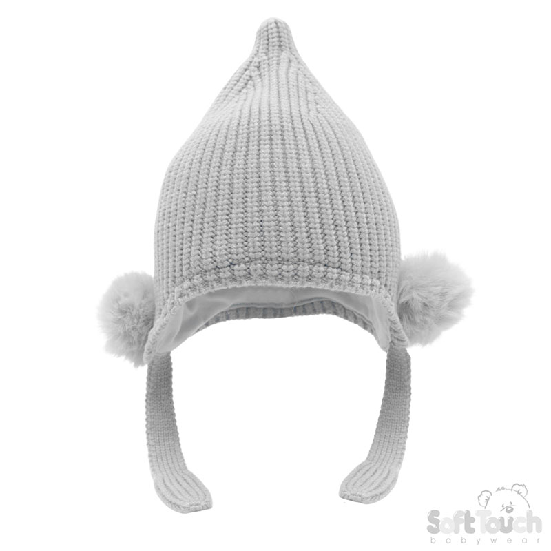 Grey Chenille Knit Hat w/Faux Fur Pom Poms : H642-G-SM