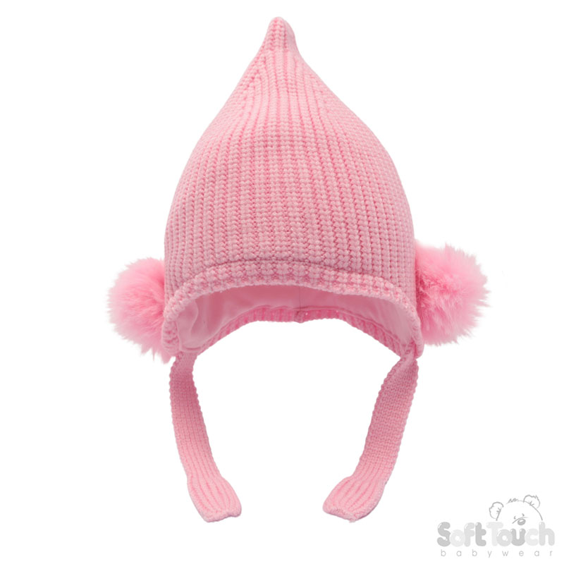 Pink Chenille Knit Hat w/Faux Fur Pom Poms : H642-P-SM