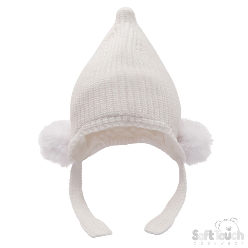 White Chenille Knit Hat w/Faux Fur Pom Poms : H642-W-SM