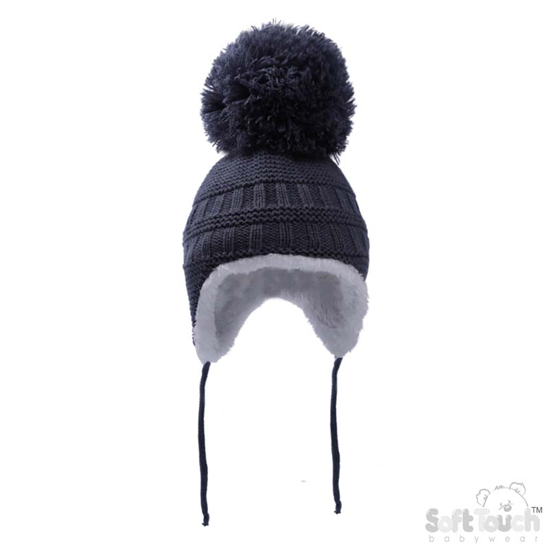 White, Steel Bue, Dusty Pink Knitted Hat w/Pom Pom, String & Sherpa Lining : No. H644-SM