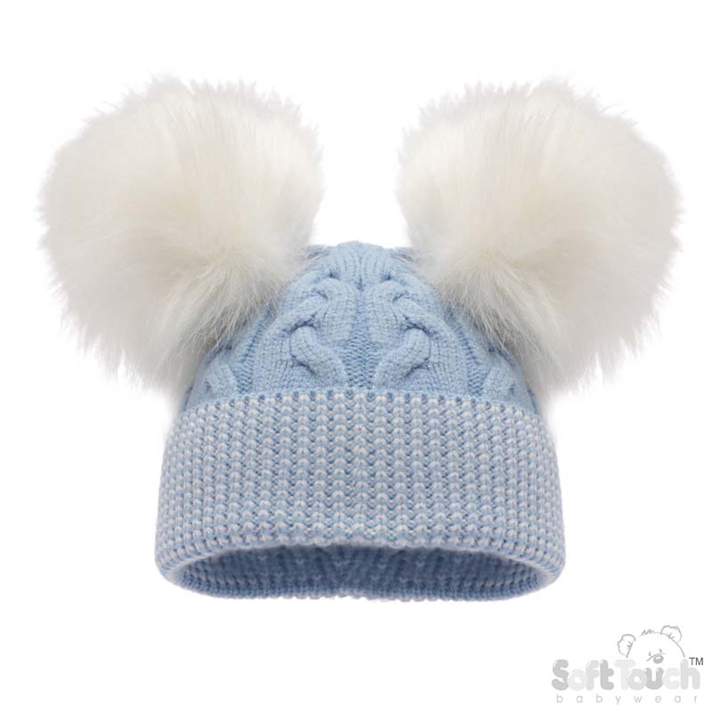 Blue Cable Knit Hat w/2 Large Fur Pom Pom : No. H646-B-SM