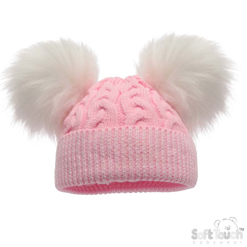 Pink Cable Knit Hat w/2 Large Fur Pom Pom : No. H646-P-SM